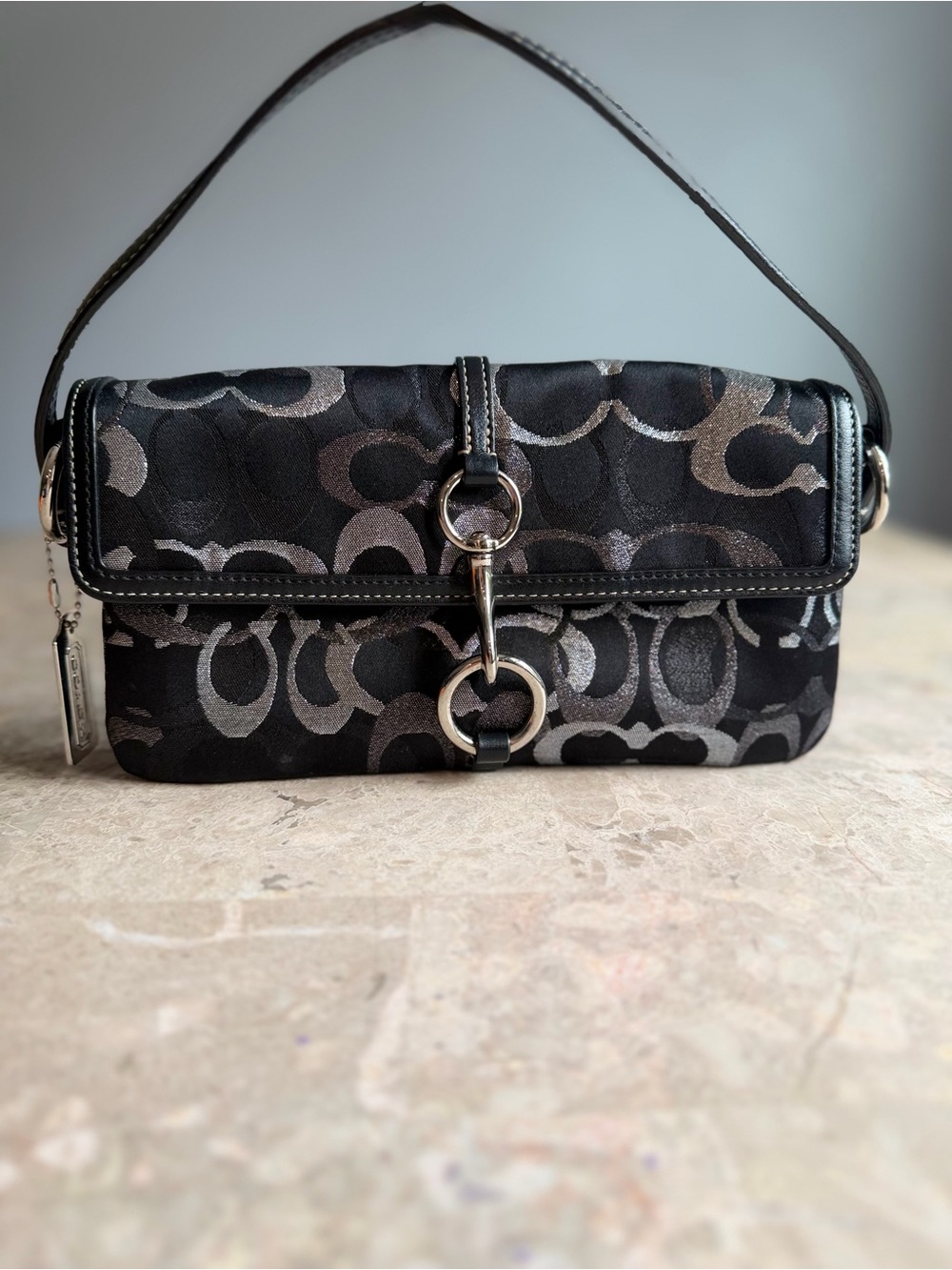 Coach Black & Silver Signature Jacquard Flap Shoulder Bag